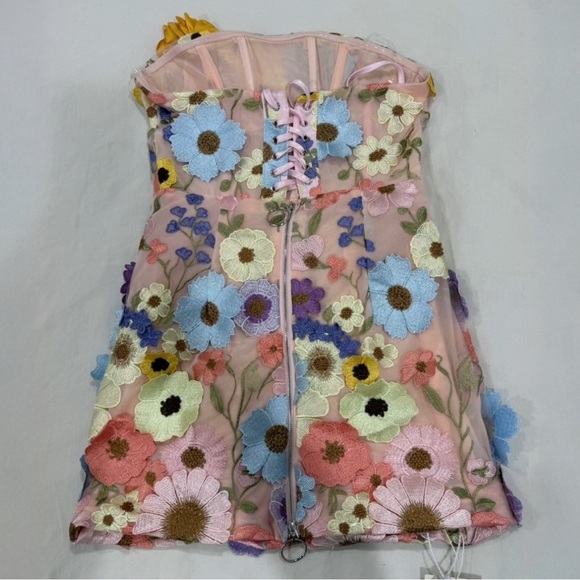Strapless Flower Embroidered Mini Dress Pink | Bouquet Maraya Pastel Multi (M) - Picture 5 of 12